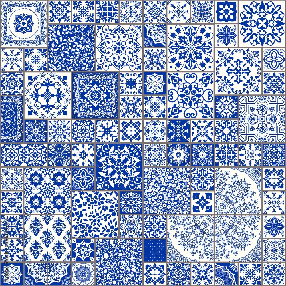 Fototapeta Majolica pottery tile, blue and white azulejo, original traditional Portuguese and Spain decor. Seamless patchwork tile with Victorian motives. Vector illustration.