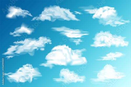 Realistic Clouds Set. White cloud. Blue Sky Panorama. Vector Illustration.