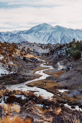 winding river with mountain in background