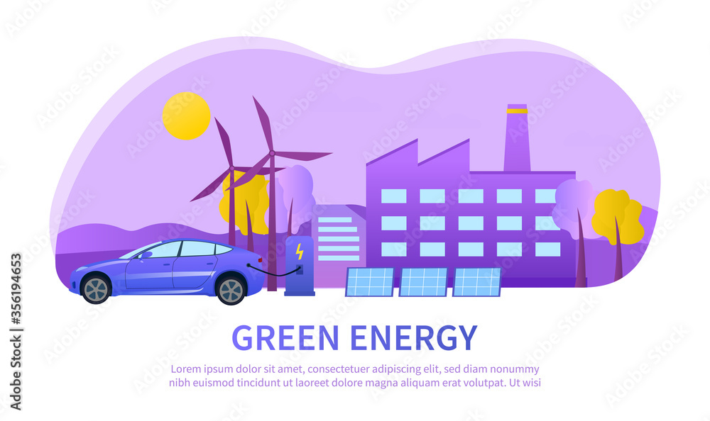 Fototapeta premium Urban green energy concept using wind turbines with a car charging at the charging station and copy space for text, colored vector illustration