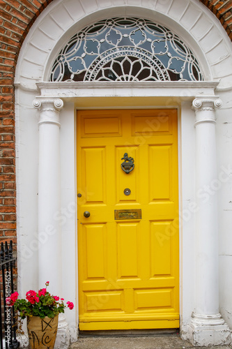 Colorful georgian doors in Dublin, Ireland. Historic doors in different colors painted as protest against English King George legal reign over the city of Dublin in Ireland