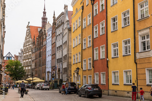 Gdansk, Poland - Juny, 2019: The Long Lane street in Gdansk. Architecture of the old town in Gdansk with city hall.