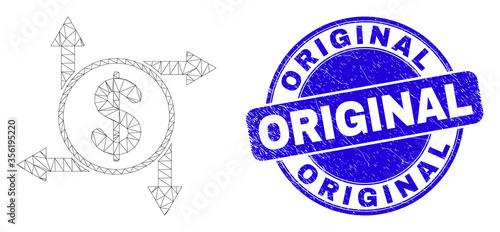 Web mesh dollar emission pictogram and Original seal stamp. Blue vector rounded grunge stamp with Original message. Abstract carcass mesh polygonal model created from dollar emission pictogram.