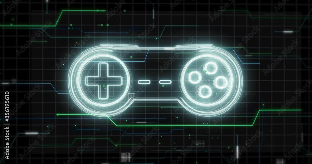 Glowing technical lines form game controller - gamepad hologram on a black background. Gaming intro, esports, gaming channel. Static shot