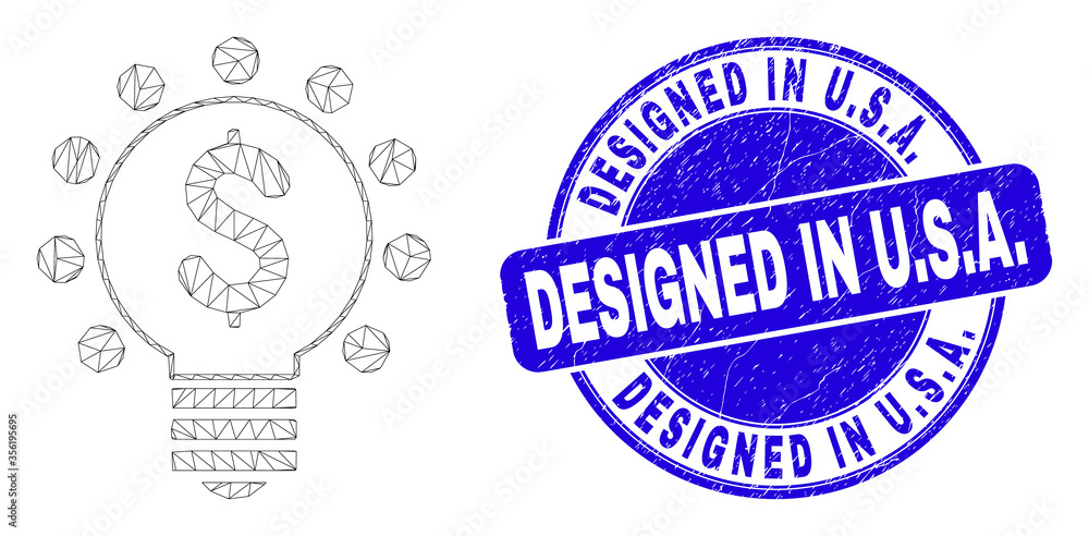 Obraz premium Web carcass dollar light bulb icon and Designed in U.S.A. seal stamp. Blue vector rounded distress watermark with Designed in U.S.A. phrase.