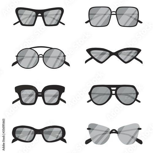Summer black sunglasses collection. Hippie, classic, aviator, round. Vector set.