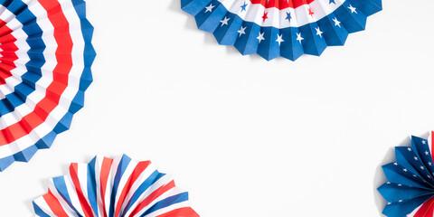 4th of July American Independence Day. Happy Independence Day. Red, blue and white star confetti, paper decorations on white background. Flat lay, top view, copy space, banner