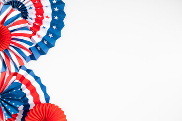 4th of July American Independence Day. Happy Independence Day. Red, blue and white star confetti, paper decorations on white background. Flat lay, top view, copy space, banner