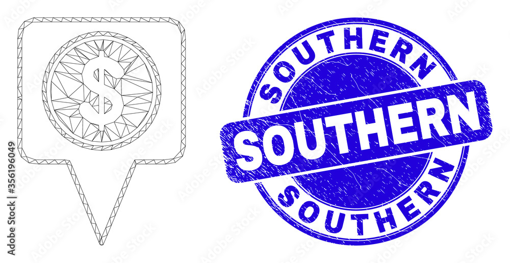 Web mesh dollar map marker icon and Southern watermark. Blue vector rounded grunge watermark with Southern phrase. Abstract frame mesh polygonal model created from dollar map marker icon.