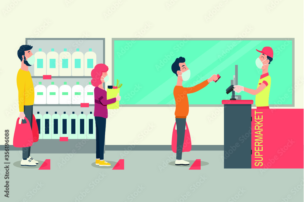 Supermarket store counter cashier and buyers in medical masks, with cart and basket of food. Quarantine coronavirus 2019-nCoV in the store social distancing epidemic precautions. Supermarket store counter cashier and buyers in medical masks, with cart and basket of food. Quarantine coronavirus 2019-nCoV in the store social distancing epidemic precautions.