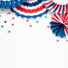 4th of July American Independence Day. Happy Independence Day. Red, blue and white star confetti, paper decorations on white background. Flat lay, top view, copy space, square