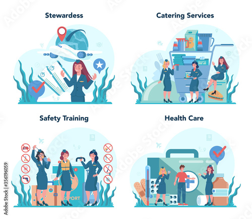 Stewardess concept set. Beautiful female flight attendants