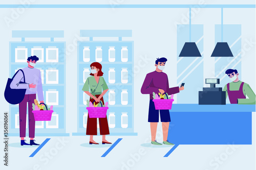 Supermarket or store interior with shelves and goods, groceries, cash desk and cashier. Men and women buyers, cart products. Big shopping center. Vector, illustration, isolated, cartoon style