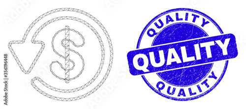 Web mesh dollar refund pictogram and Quality stamp. Blue vector rounded textured seal stamp with Quality phrase. Abstract frame mesh polygonal model created from dollar refund pictogram.
