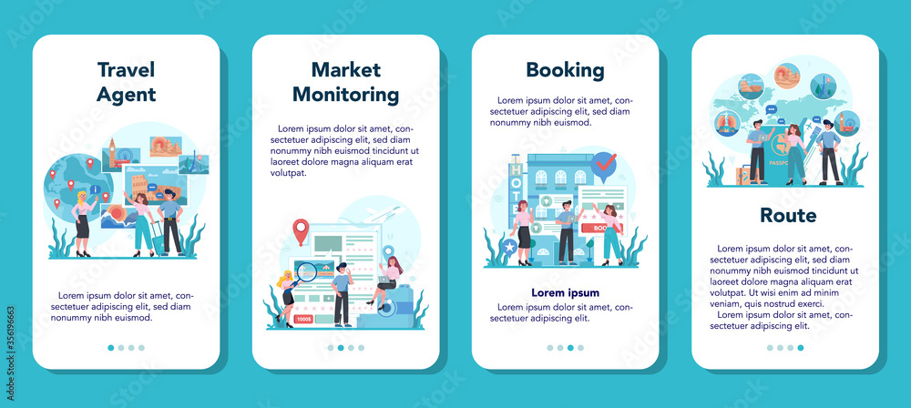 Travel agent mobile application banner set. Office worker selling tour