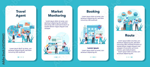 Travel agent mobile application banner set. Office worker selling tour