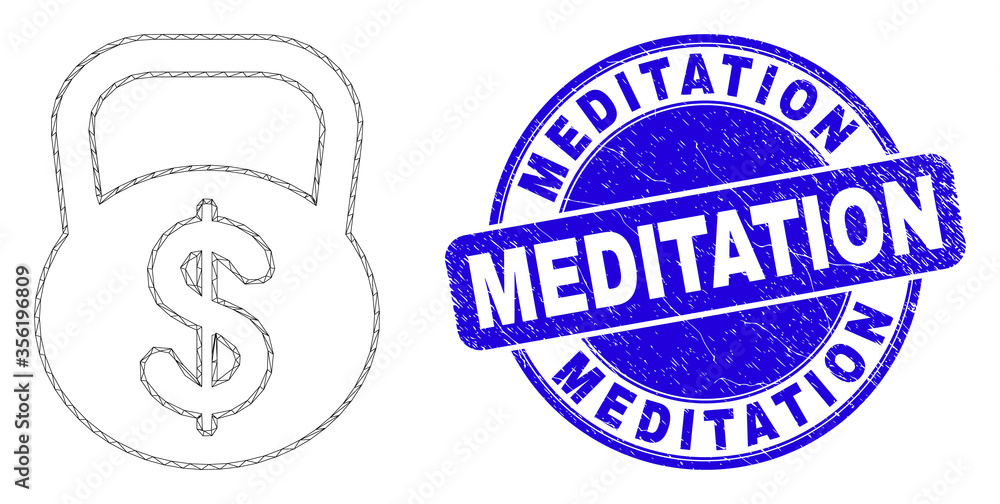Web mesh dollar weight icon and Meditation stamp. Blue vector rounded grunge stamp with Meditation caption. Abstract carcass mesh polygonal model created from dollar weight pictogram. Web mesh dollar weight icon and Meditation stamp. Blue vector rounded grunge stamp with Meditation caption. Abstract carcass mesh polygonal model created from dollar weight pictogram.