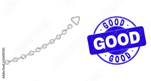 Web mesh dotted up trend arrow icon and Good seal. Blue vector round distress seal stamp with Good message. Abstract frame mesh polygonal model created from dotted up trend arrow icon.