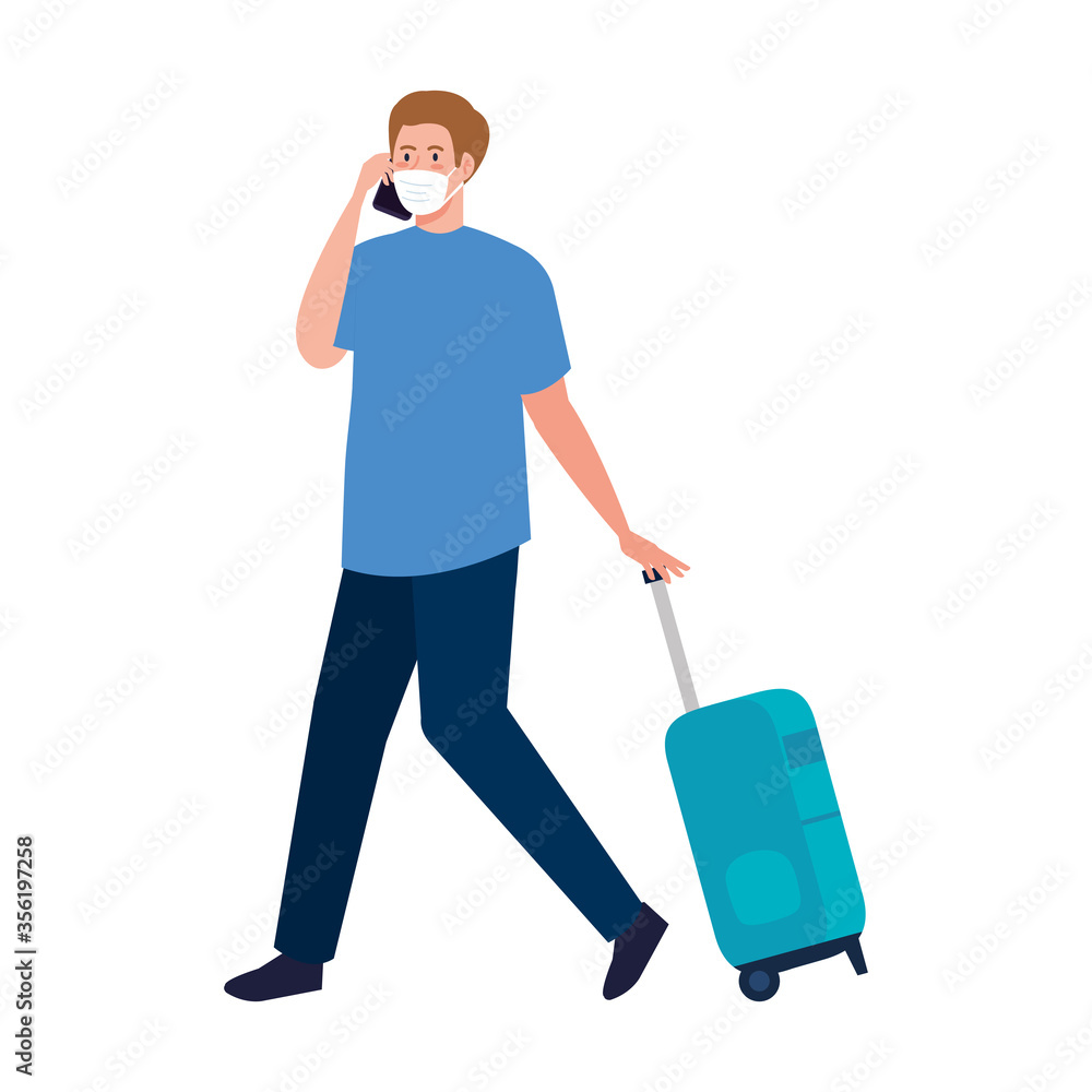 Man with medical mask and bag design, Cancelled flights travel and airport theme Vector illustration Man with medical mask and bag design, Cancelled flights travel and airport theme Vector illustration