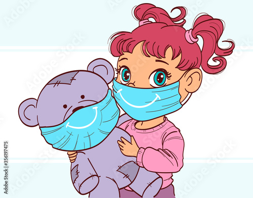 The little child wear a facemask and play with a toy, vector illustration