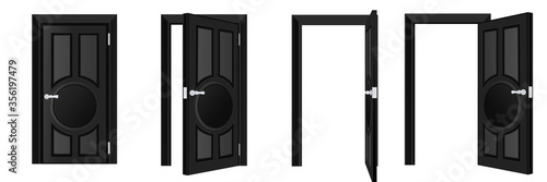 Closed and open black door set isolated on white background. Home entrance and exit design element. Vector illustration.