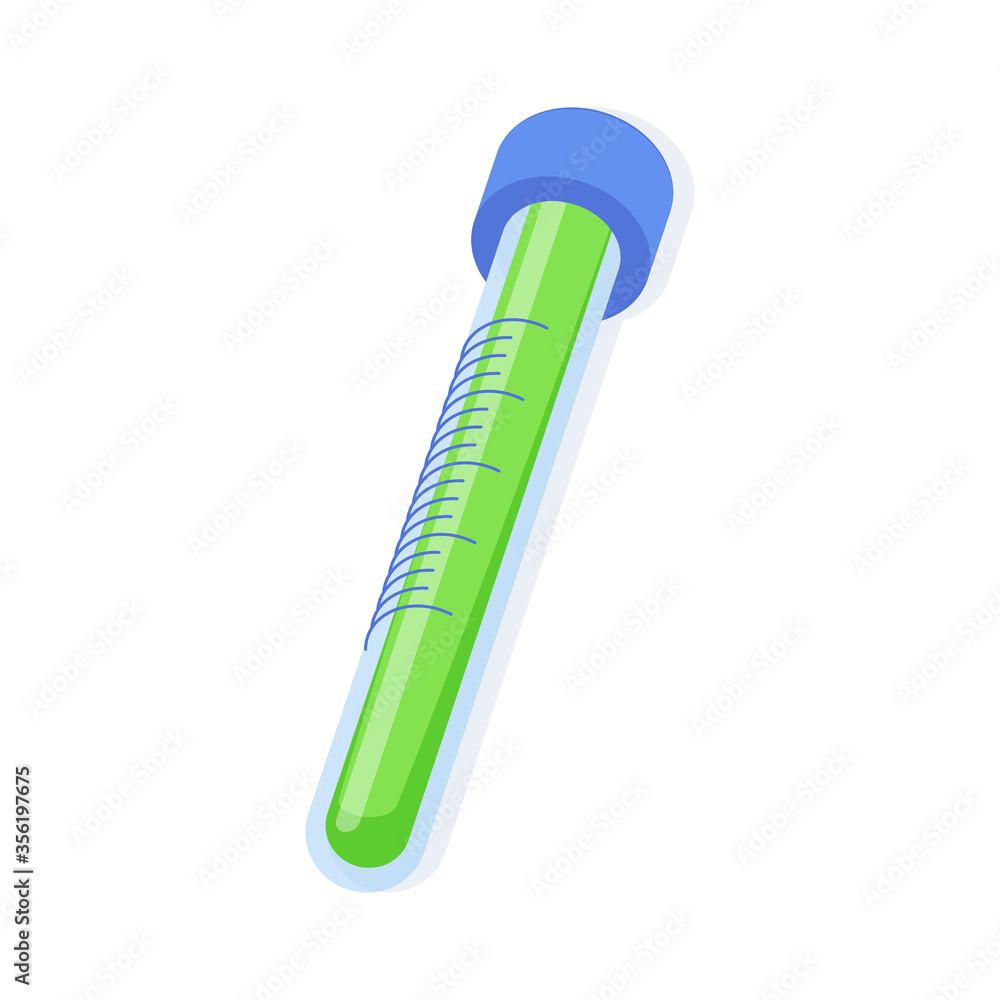 Glass test-tube with green liquid and blue cap isometric vector illustration. Glass test-tube with green liquid and blue cap isometric vector illustration.