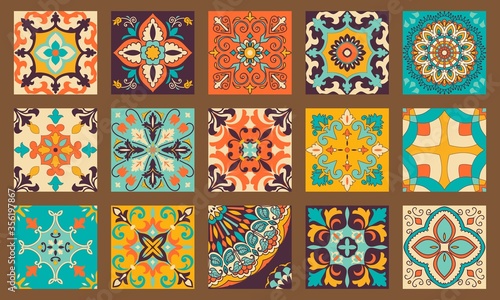 Collection of 15 seamless colorful tiles with Islam  Arabic  Indian  Mexican motifs. Majolica pottery tile. Portuguese and Spain decor. Ceramic tiles. Vector illustration