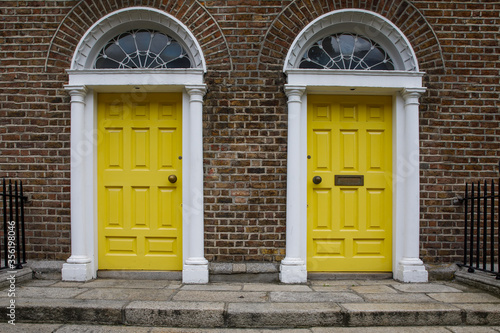 Colorful georgian doors in Dublin, Ireland. Historic doors in different colors painted as protest against English King George legal reign over the city of Dublin in Ireland