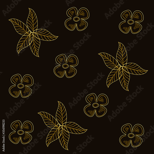 Doodle flowers and leaves. Gold sketch on a black background. Vector drawing by hand.