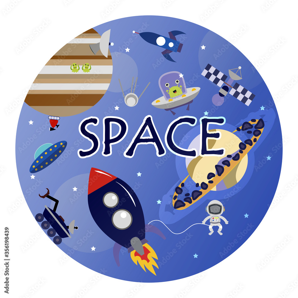 Cartoon space illustration with a rocket, astronaut, planets and aliens. Bright cute, children s vector drawing about spaceships, flying saucers and shuttles. Space with Saturn, Jupiter and stars