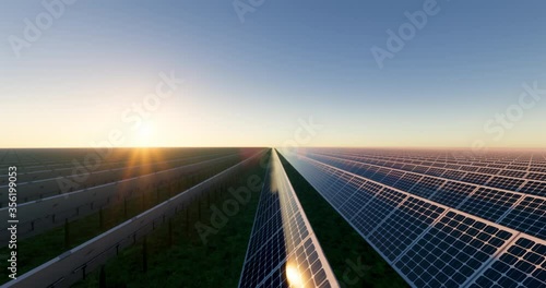 3d loop of solar farm, field or solar power plant in aerial with photovoltaic cell in panel, landscape, technology. Industry for electric, electricity generation. Clean green power energy from nature.