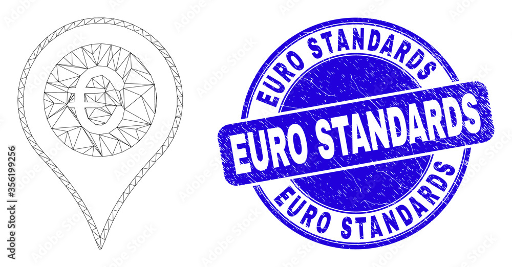 Web mesh euro map marker icon and Euro Standards seal stamp. Blue vector rounded grunge seal with Euro Standards text. Abstract frame mesh polygonal model created from euro map marker icon. Web mesh euro map marker icon and Euro Standards seal stamp. Blue vector rounded grunge seal with Euro Standards text. Abstract frame mesh polygonal model created from euro map marker icon.