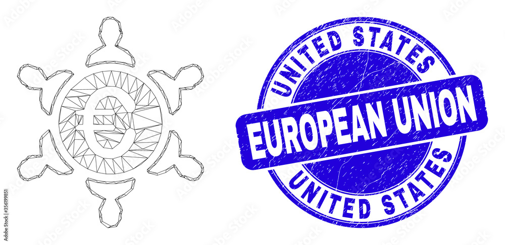 Fototapeta premium Web carcass euro people union icon and United States European Union seal stamp. Blue vector rounded scratched seal with United States European Union phrase.