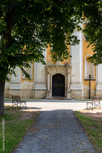 Church entrance and a cross Jablonica