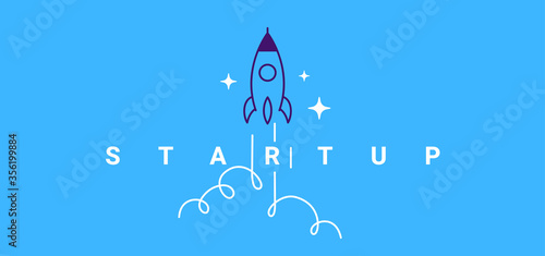 Vector creative business illustration of fly up spaceship and word startup on blue color background with cloud.