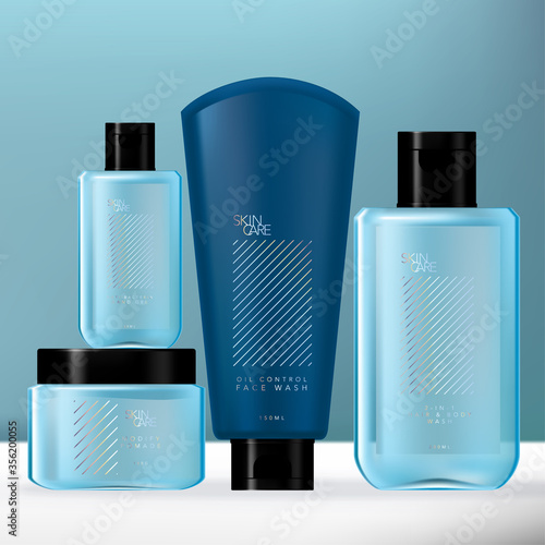 Vector Blue & Holographic Men Toiletries Packaging Set with Hand Sanitizer Bottle, Body Wash Bottle, Pomade Jar & Lotion Tube.