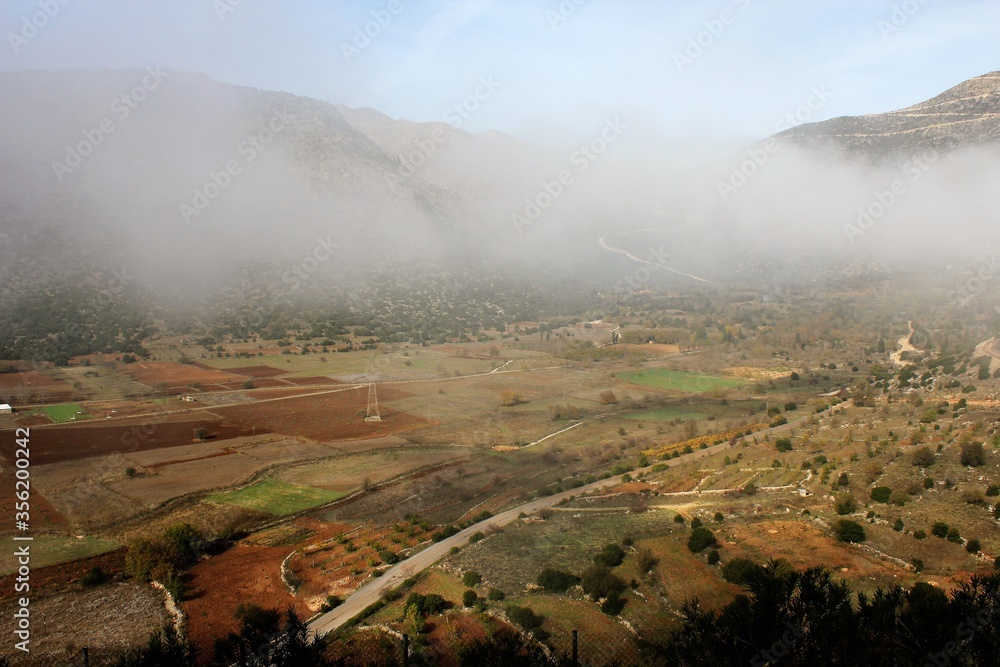 Foggy landscape in Peloponnese, Greece.