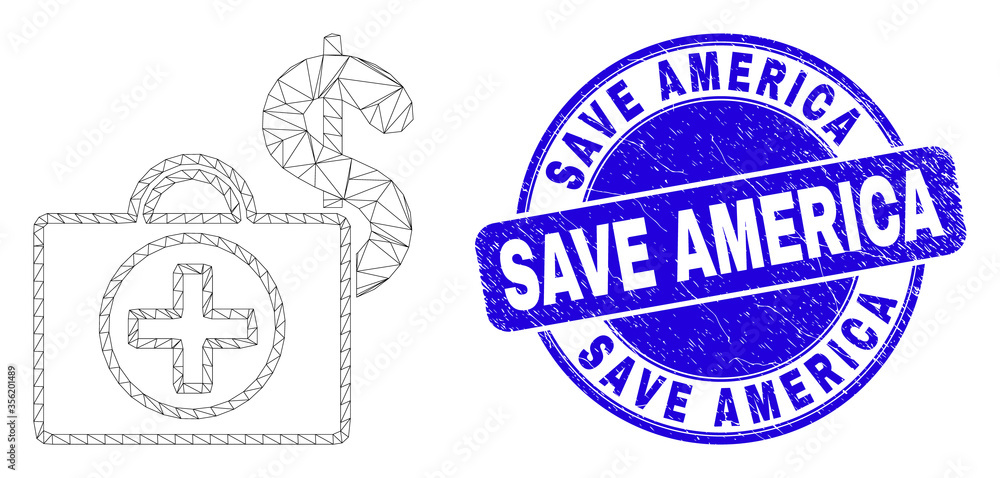 Web mesh Financial medical case pictogram and Save America watermark. Blue vector rounded grunge seal stamp with Save America text.