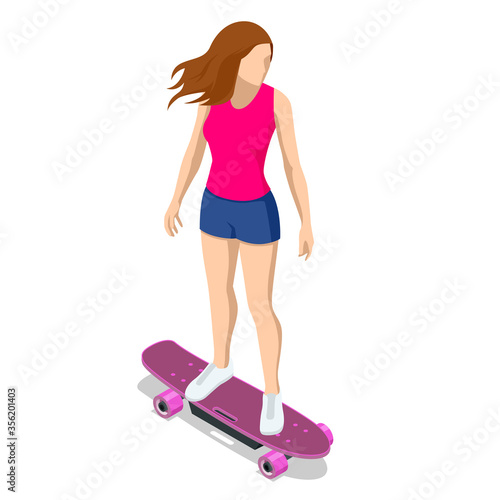 Isometric skateboard or longboard isolated on white. Girl skateboarding. Sporty woman riding on the skateboard on the road. Longboarding.