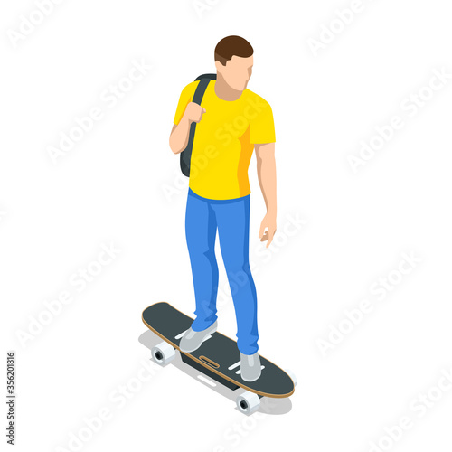 Isometric skateboard or longboard isolated on white. Man skateboarding. Sporty woman riding on the skateboard on the road. Longboarding.
