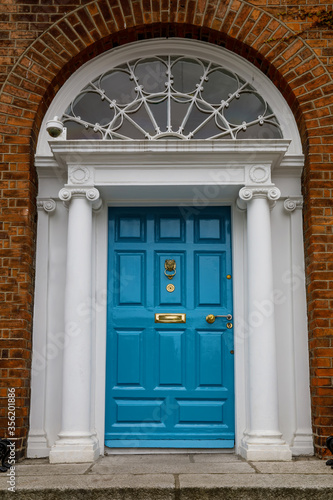 Colorful georgian doors in Dublin, Ireland. Historic doors in different colors painted as protest against English King George legal reign over the city of Dublin in Ireland