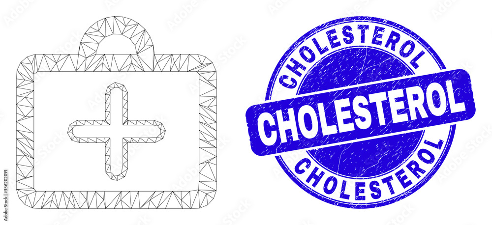Obraz premium Web carcass first-aid case icon and Cholesterol stamp. Blue vector rounded distress stamp with Cholesterol message. Abstract carcass mesh polygonal model created from first-aid case icon.