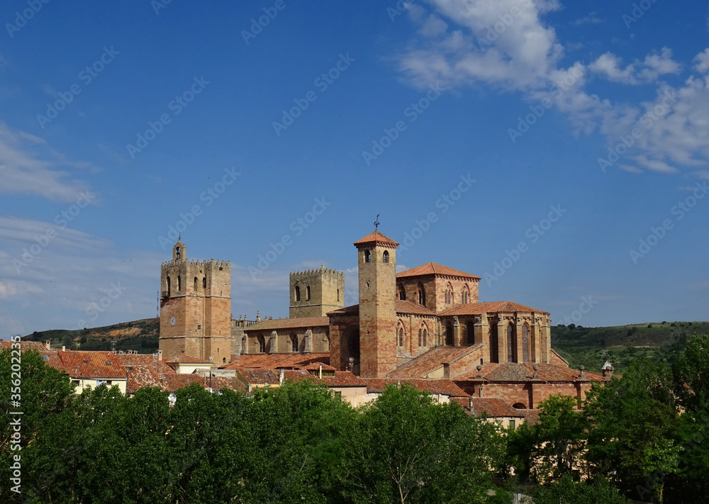 Cityscape with the view of the fortified Cathedral of Sigüenza during spring time. Guadalajara. Spain. 
