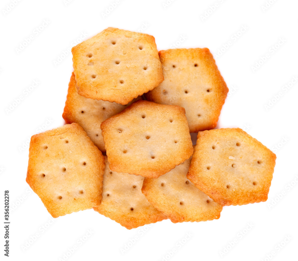 Cracker isolated on white background. Dry cracker cookies isolated. Salty snacks isolated. Top view. Cracker isolated on white background. Dry cracker cookies isolated. Salty snacks isolated. Top view.