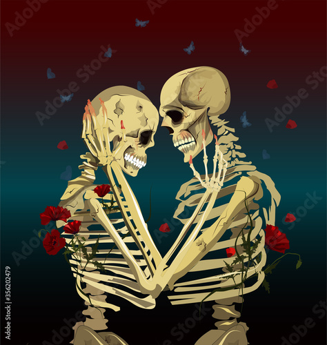 skeletons hug. The vector illustration is shown on a beautiful gradient.