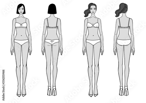 Set full length front, back view of a standing woman in swimsuit.