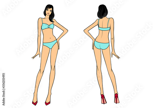Full length front, back view of a standing woman in blue swimsuit.