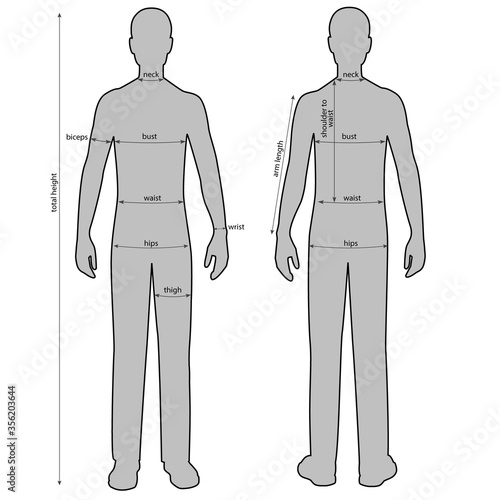 Silhouttes of man with measurement lines of body parameters .