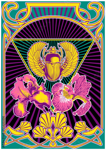 Psychedelic Art Style Poster, Egyptian Scarab and Iris Flowers, Art Nouveau Frame, Psychedelic Color Combination, 1960s Hippie Music Album Covers Stylization 