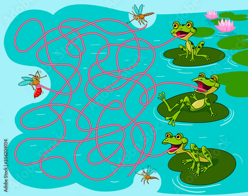 Maze game. Cartoon vector illustration. Education game for children. Find frog that caught the mosquito.